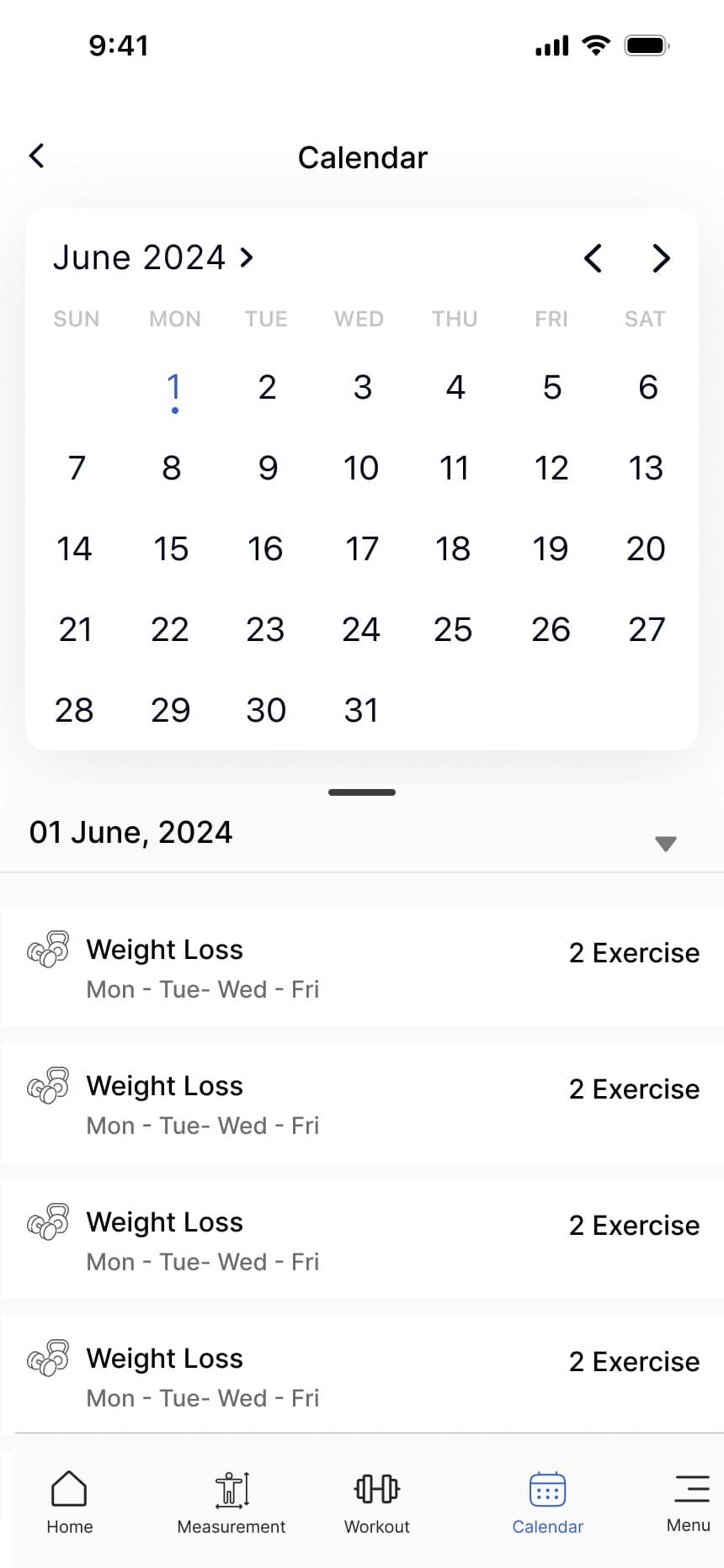 Monthly calendar with the workouts planned for the selected day