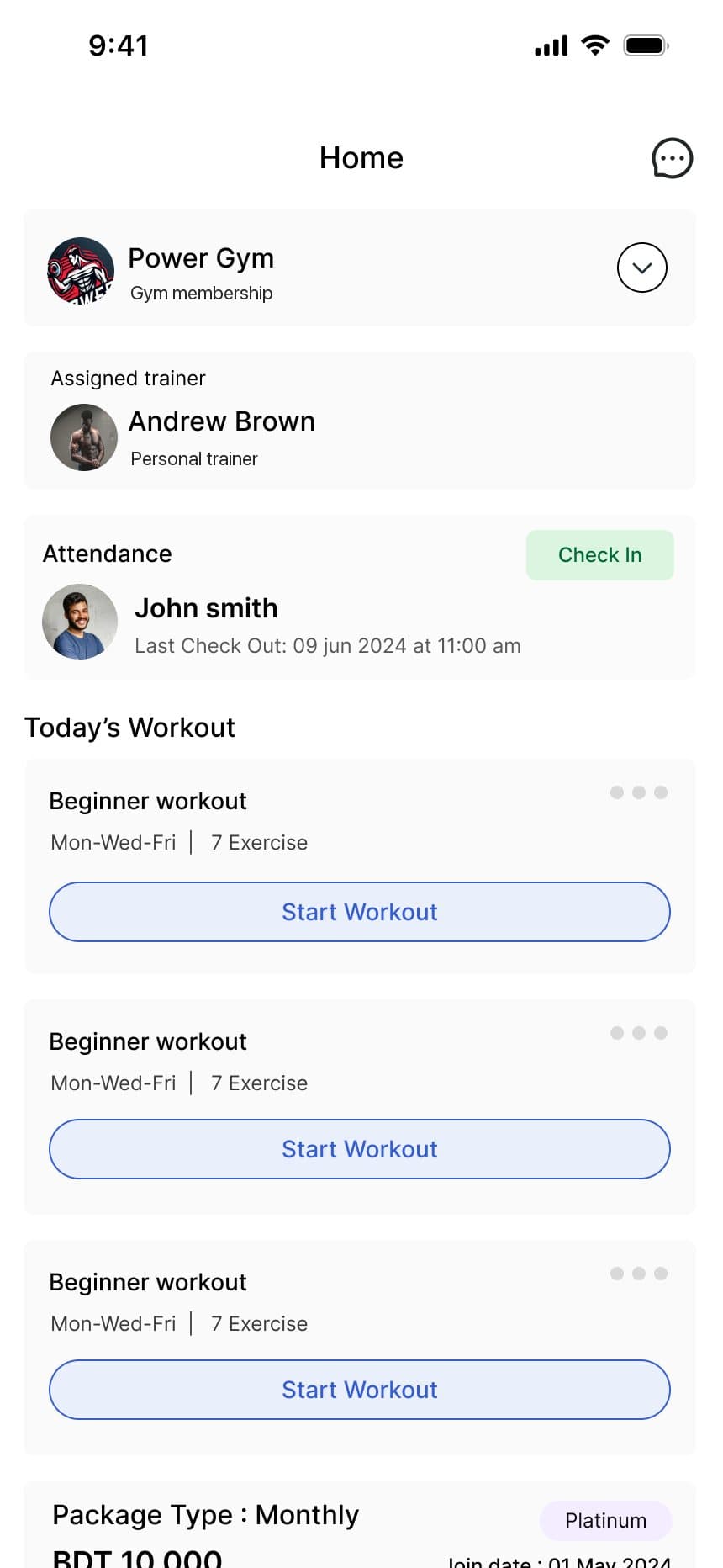 Gym profile in the app with the assigned trainer, attendance and today's workout