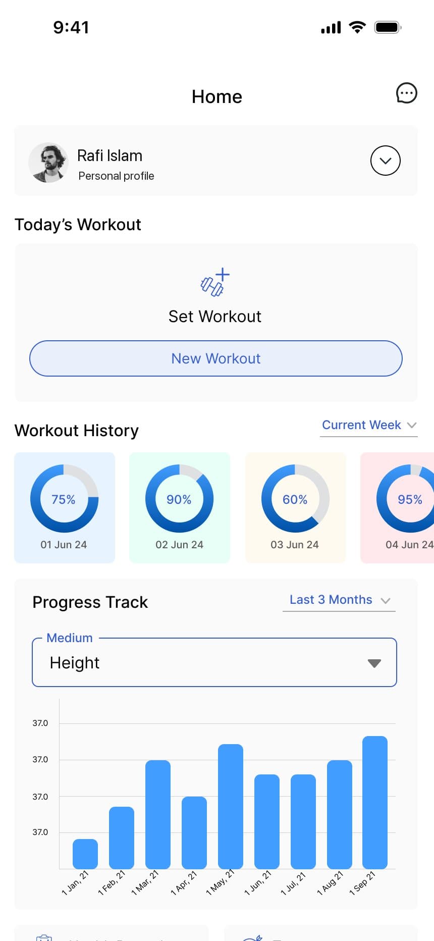 App home with today's workout, workout history by day and a progress chart