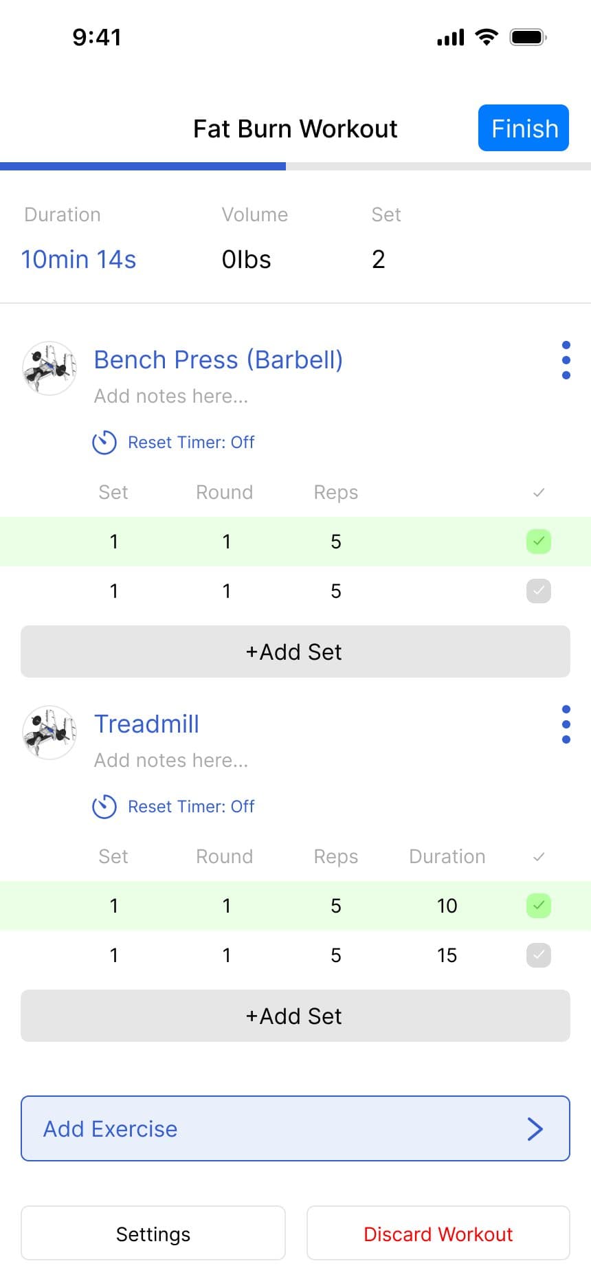 A workout in progress with sets, rounds and reps ticked off and a rest timer