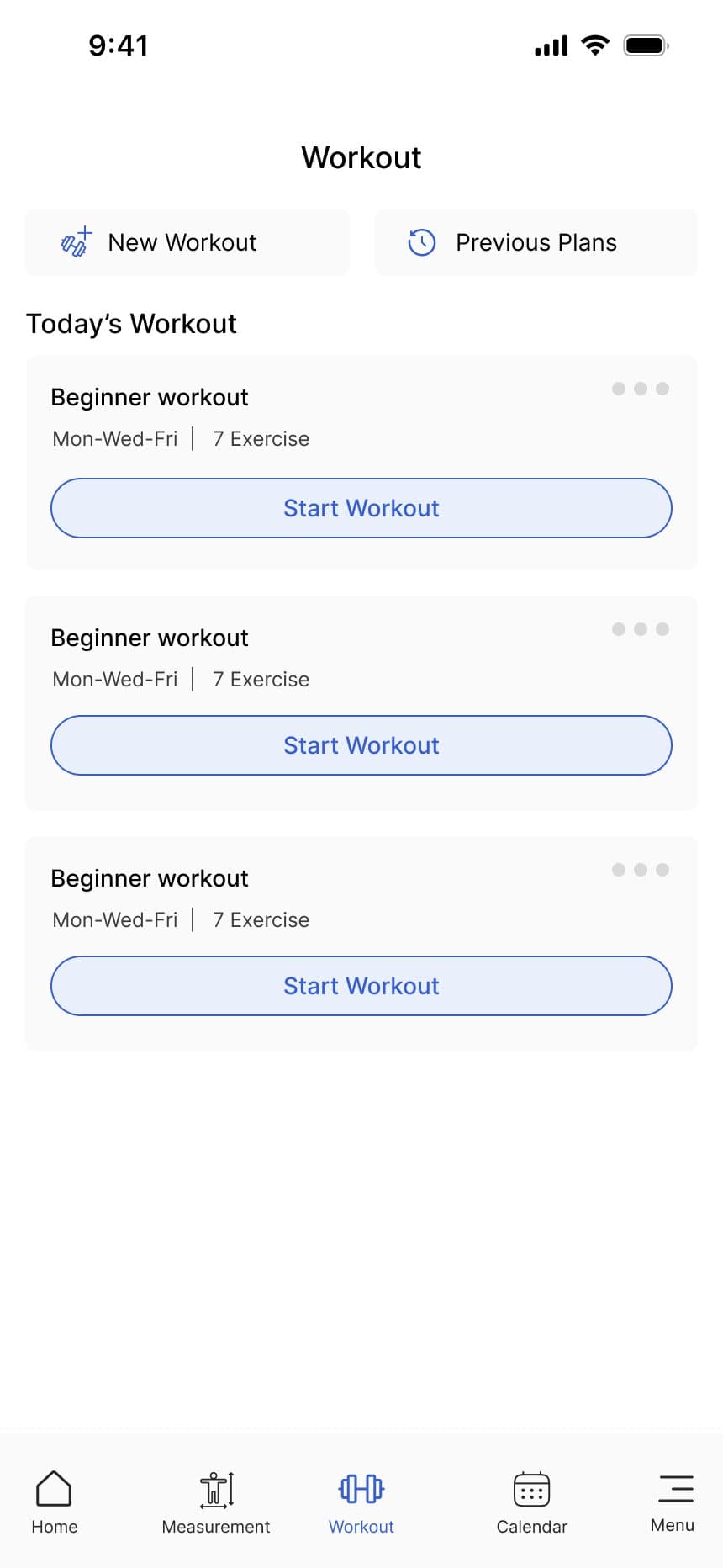Workout list with beginner workouts for Monday, Wednesday and Friday and Start Workout buttons
