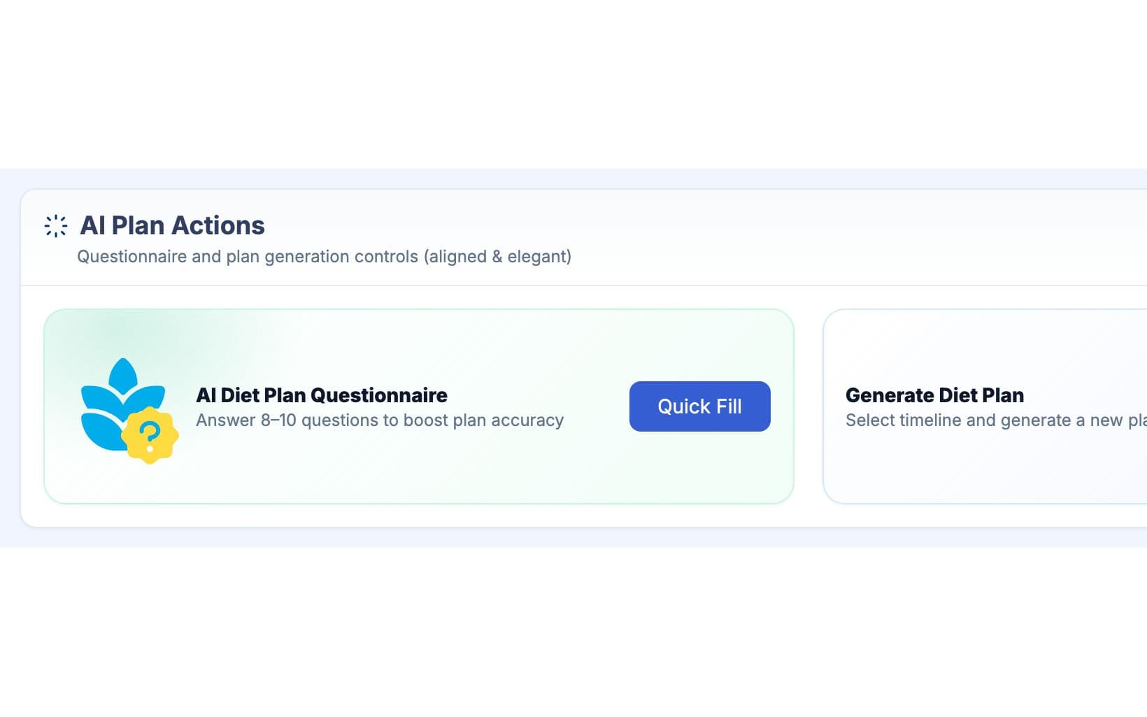 AI plan actions with the diet questionnaire, the timeline picker and the Generate button