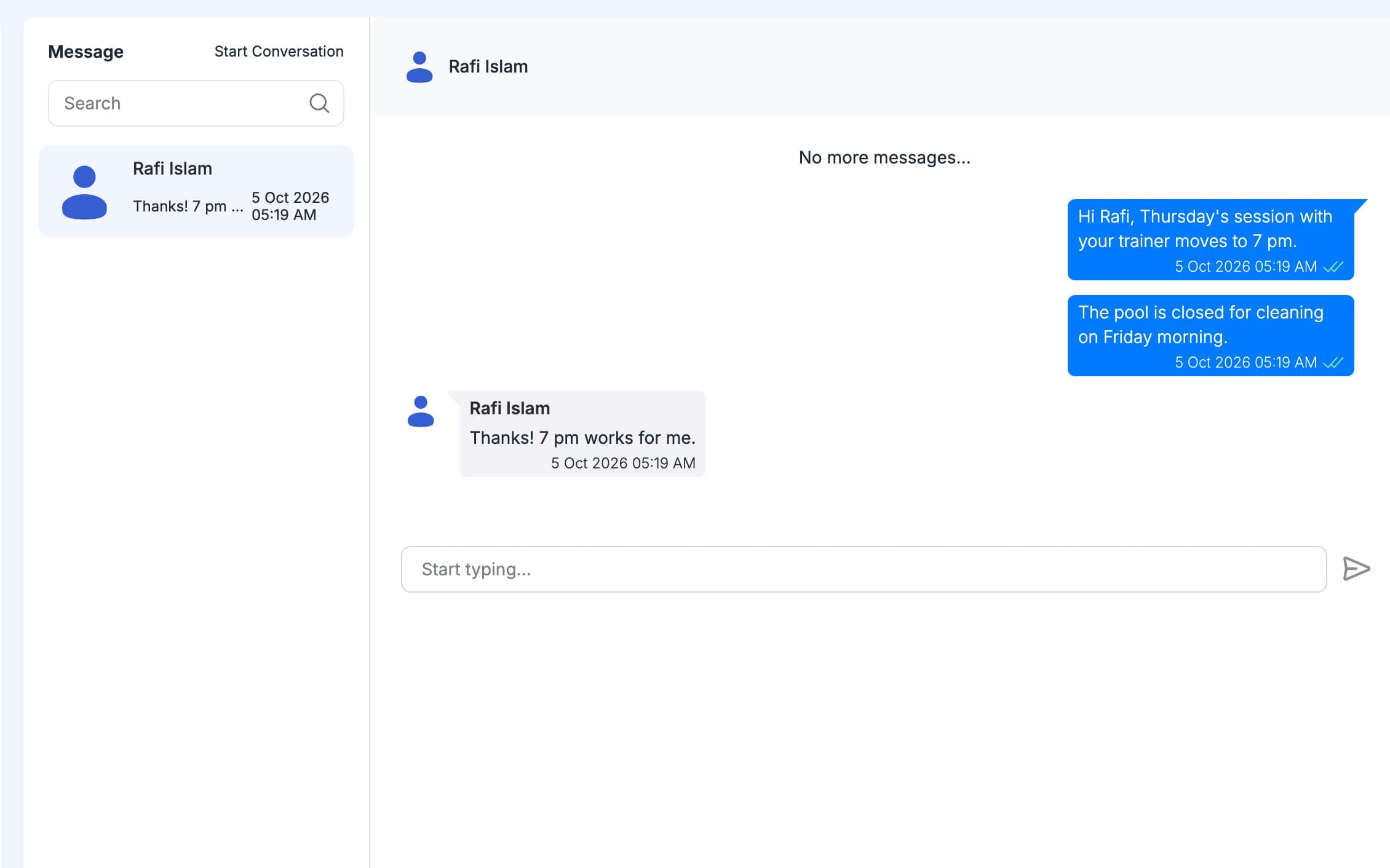 Gym inbox with a conversation between the gym and a member about a session time change