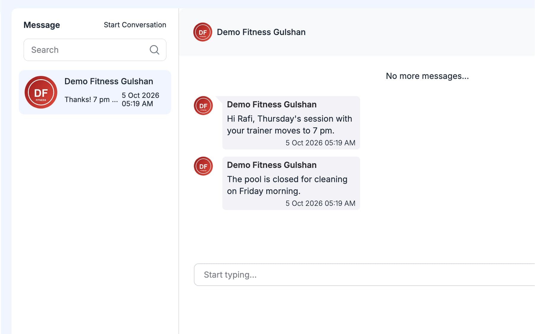 Member view of the same conversation with their gym