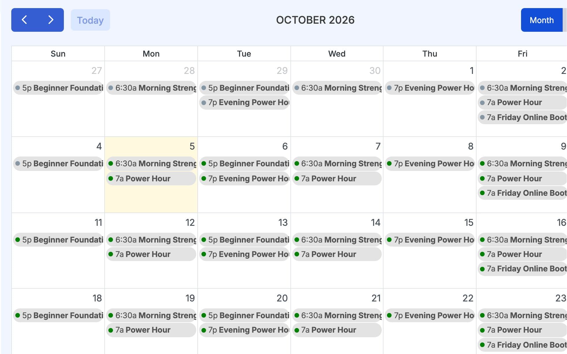 Monthly calendar filled with a personal trainer's classes such as morning strength, power hour and Saturday mobility