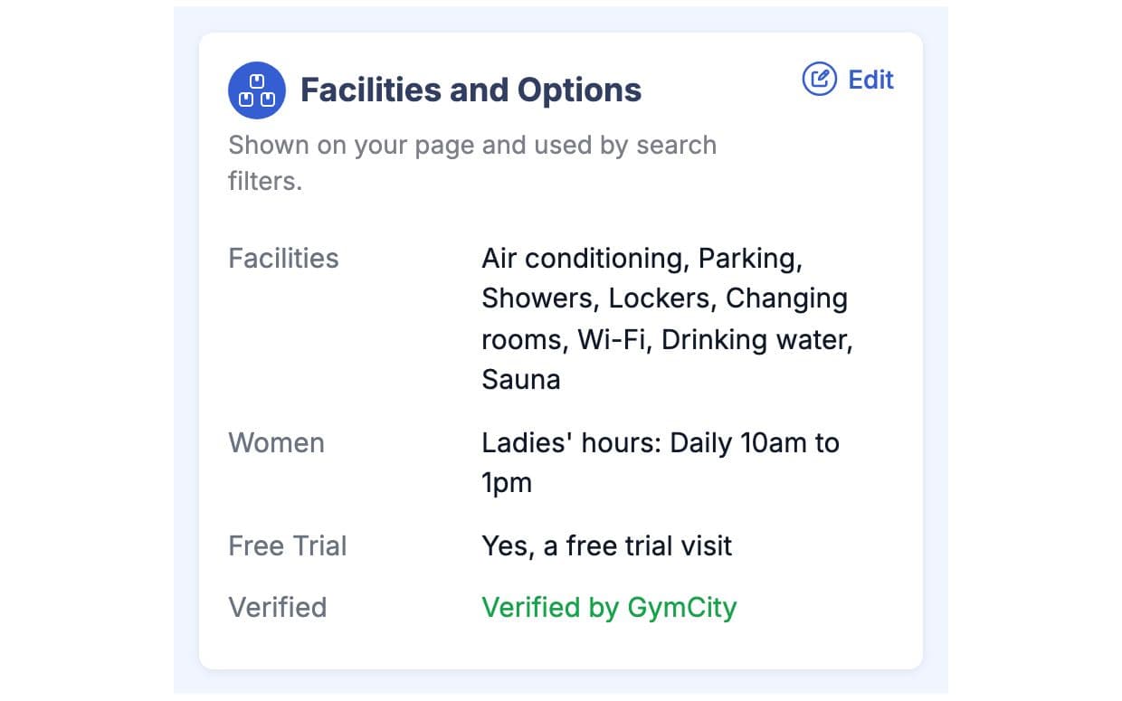 Facilities and options with amenities, ladies hours, free trial and verified status