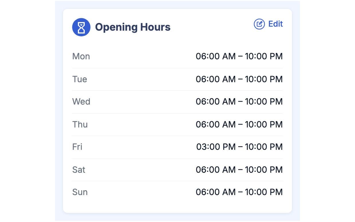 Opening hours for each day of the week in the gym profile