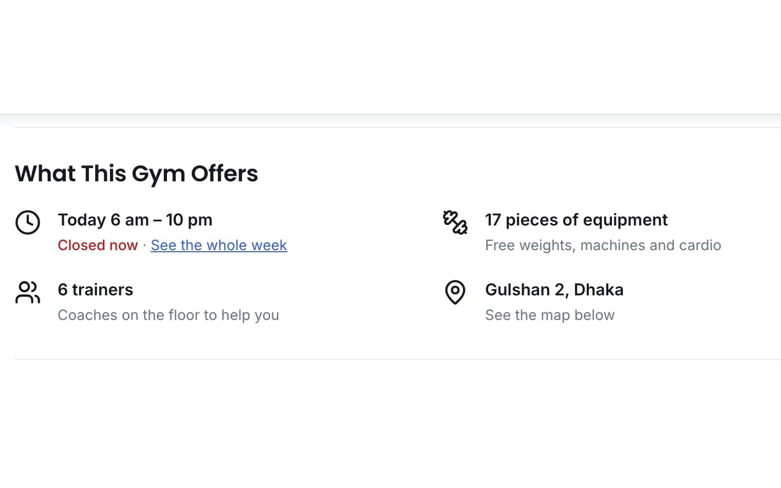 Facilities and equipment on a public gym page