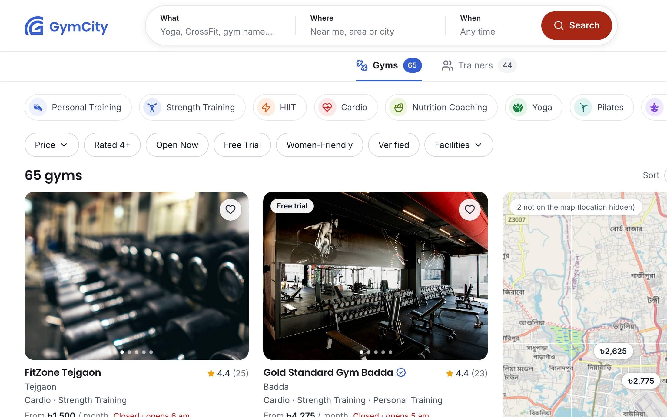 GymCity search results with gym cards, activity and filter chips, and a map with prices