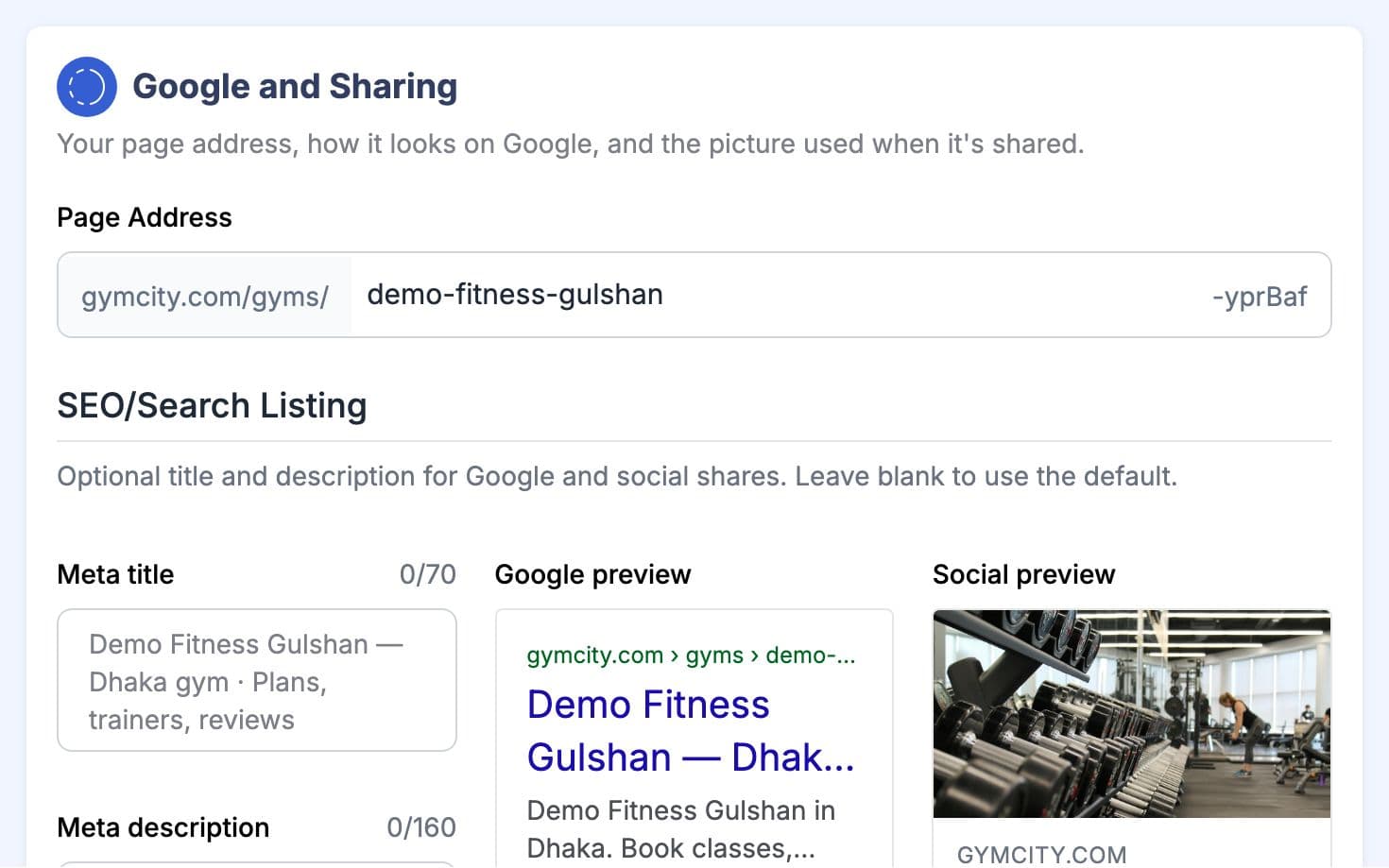 Search listing editor with the Google title, description and a preview of the search result