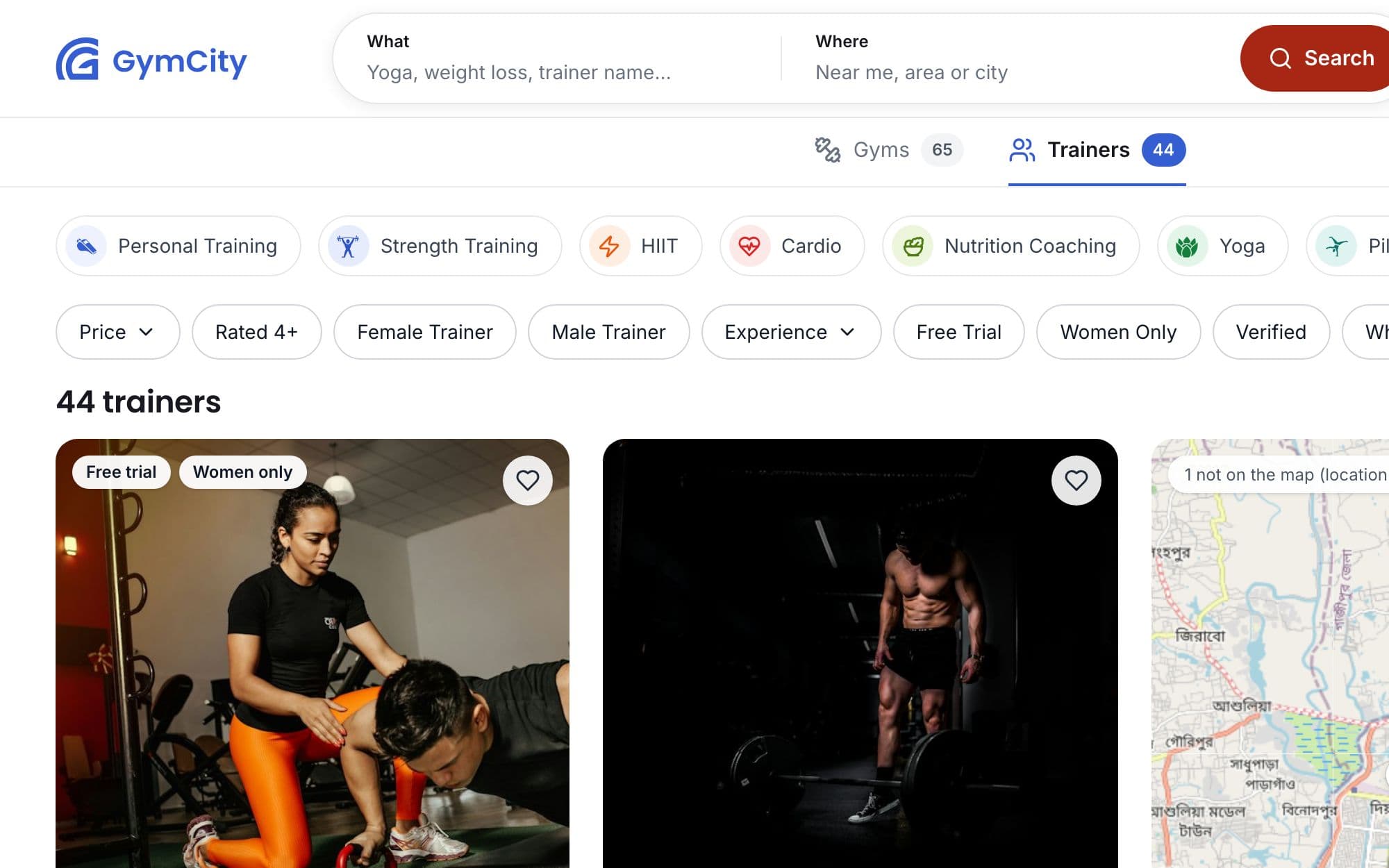 GymCity trainer search with ratings and prices next to the map