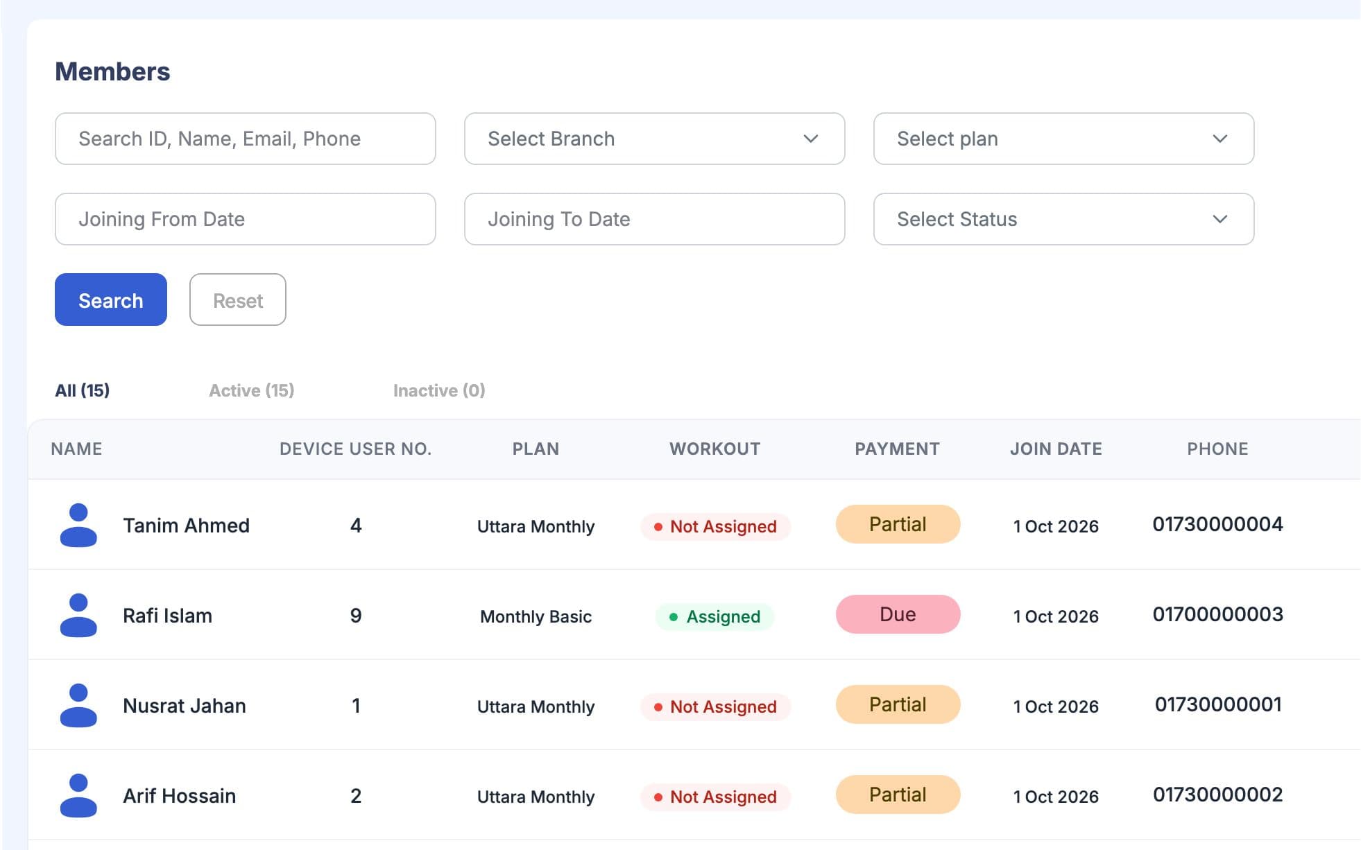 Members list with plan, workout, payment status, join date and phone for each member