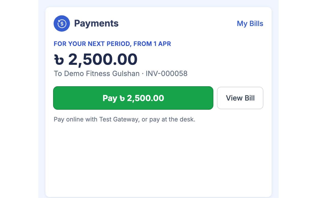 Payments card on the member home with the amount due, due date and a Pay button