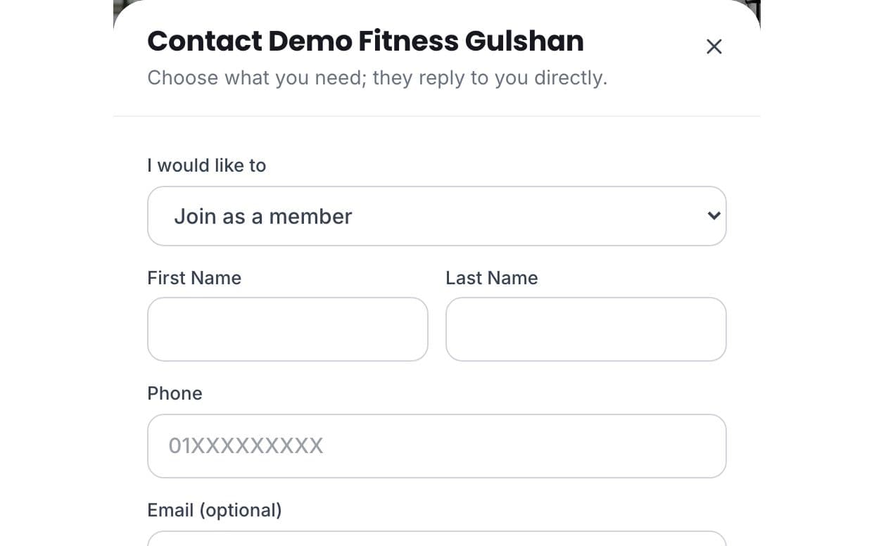 Request pop-up on a public gym page asking what the visitor wants and their name and phone