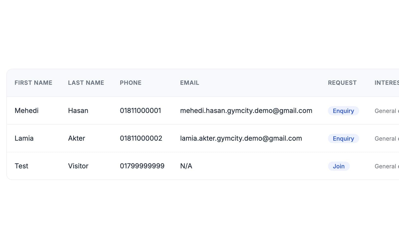 New requests with name, phone, request type and interest