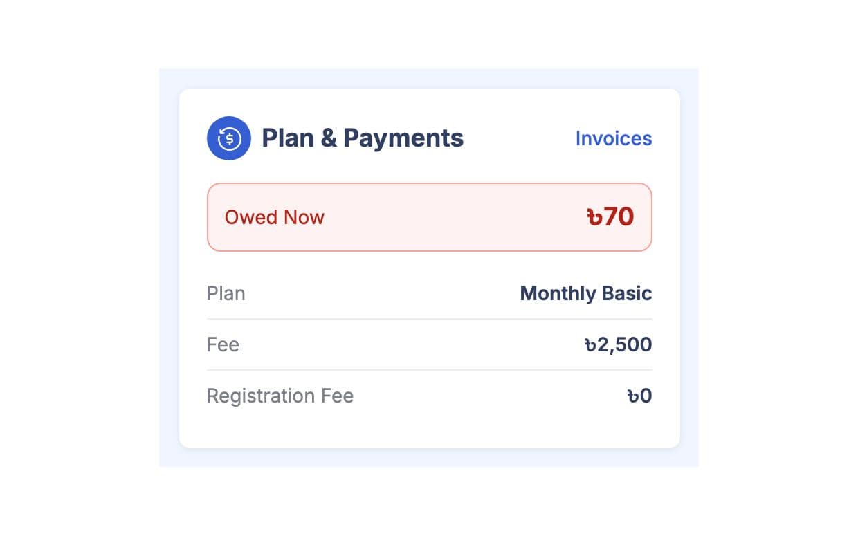 Plan and payments card on a member profile with the plan, fee and unpaid invoices