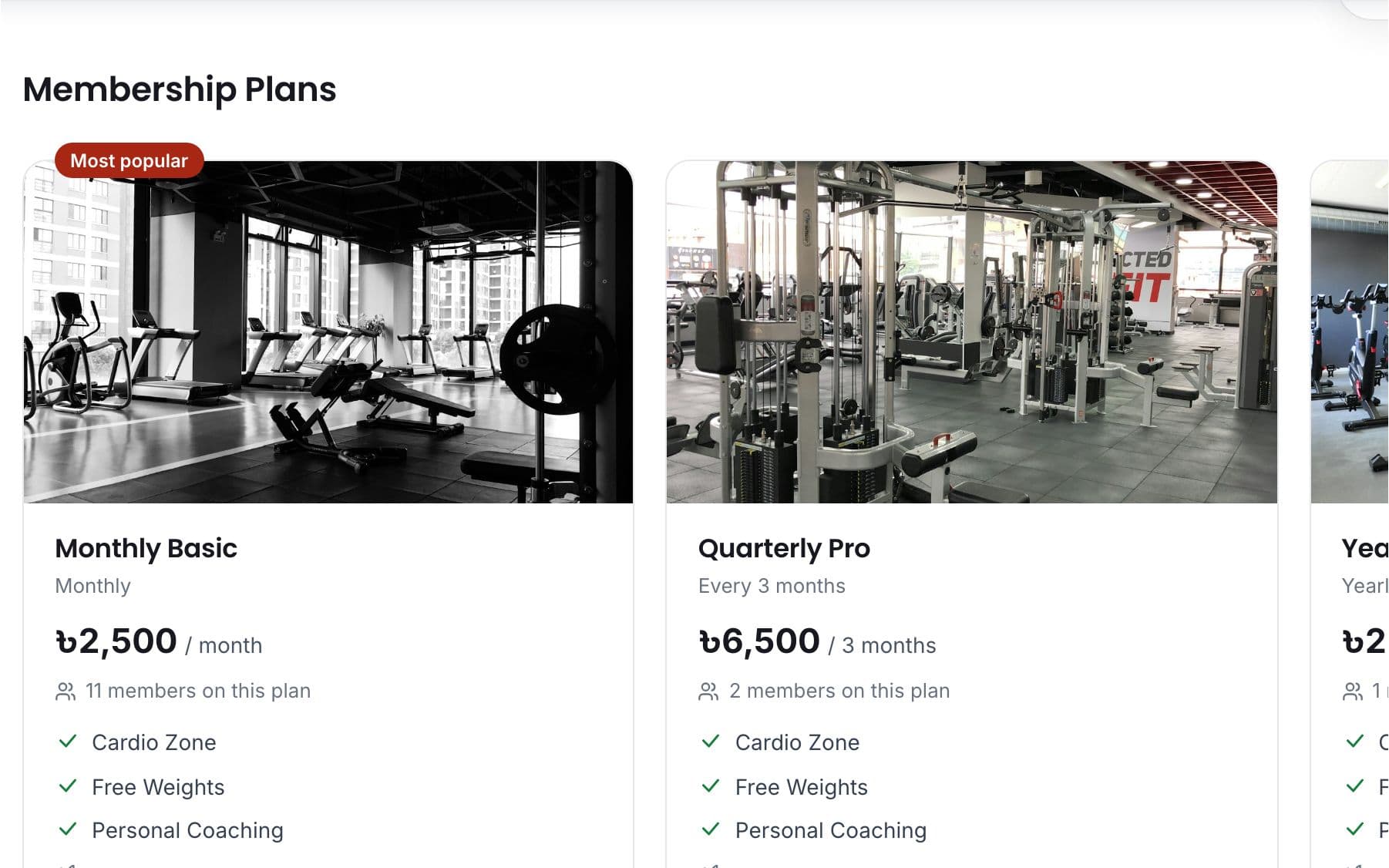Membership plans with prices on a gym public page so visitors can compare and join