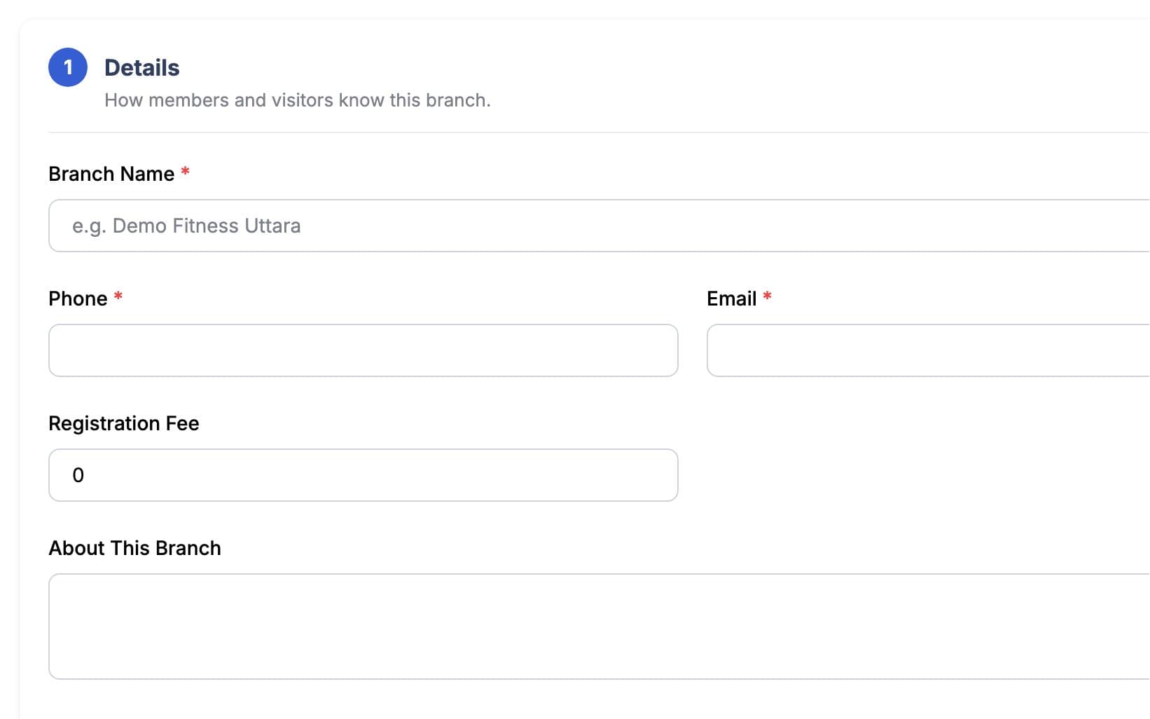 Add branch form with branch name, address and map point
