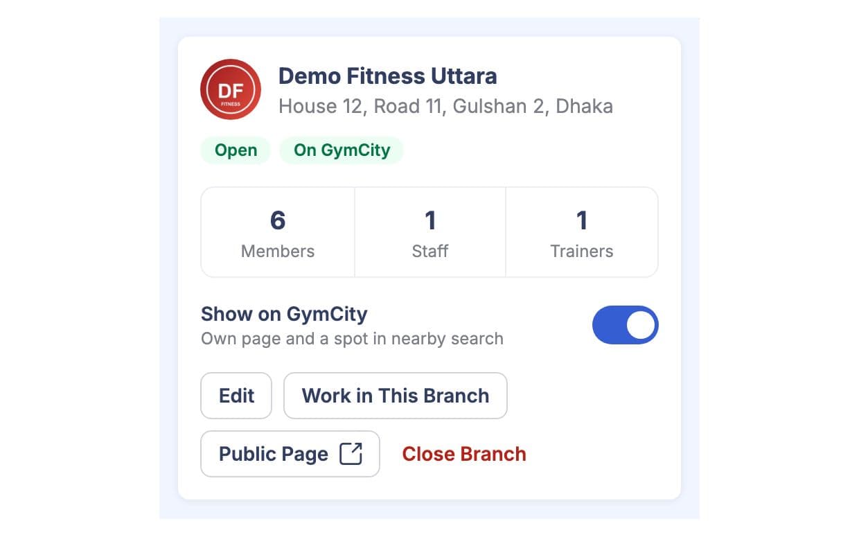 Branch card with members, staff and trainers counts and the Show on GymCity switch