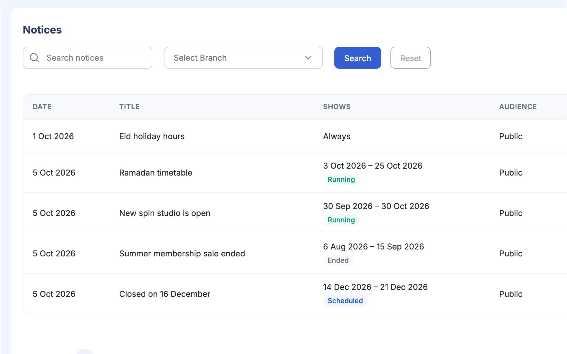 Notices list with dates, titles, when each notice shows and its audience, including running and scheduled notices