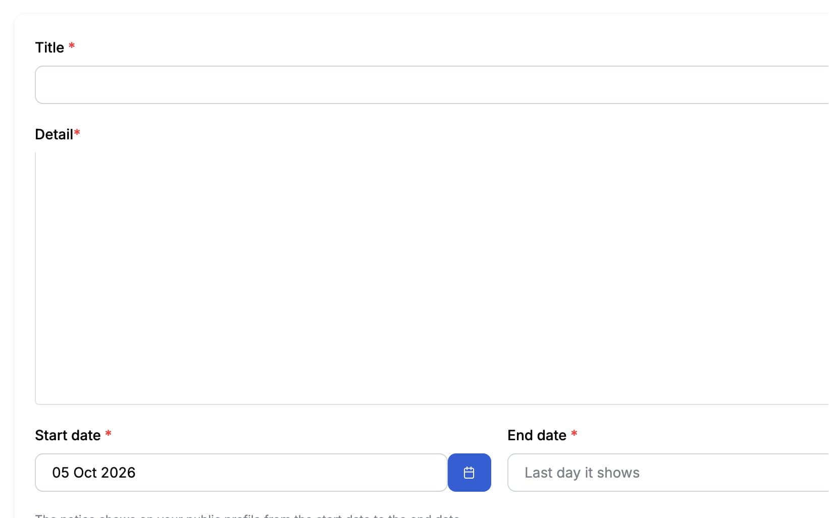 Add notice form with title, message, start and end dates and audience