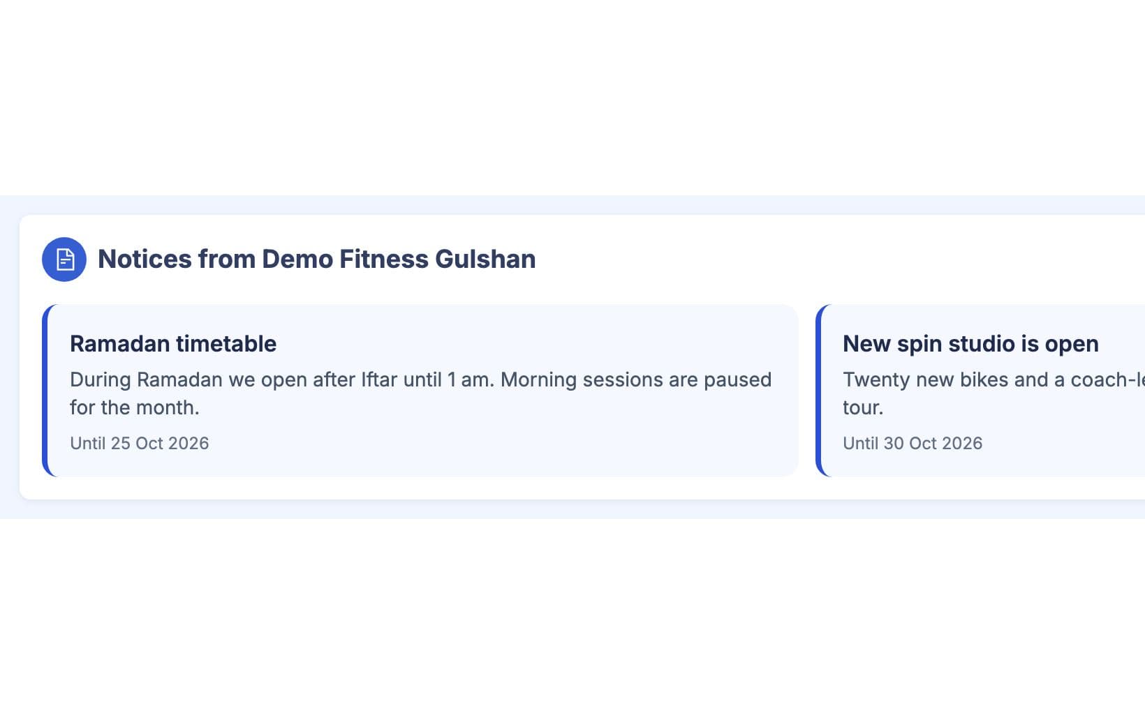Notices from the gym on the member home, such as Ramadan timetable and a new spin studio