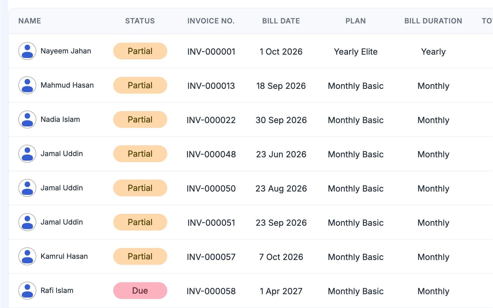 Unpaid invoices list with member, status, invoice number, bill date and amount due