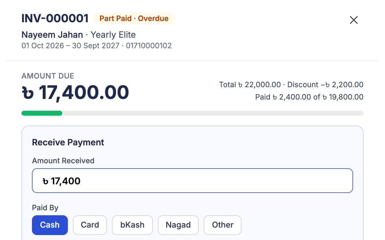 Receive payment pop-up with amount, payment method and a note
