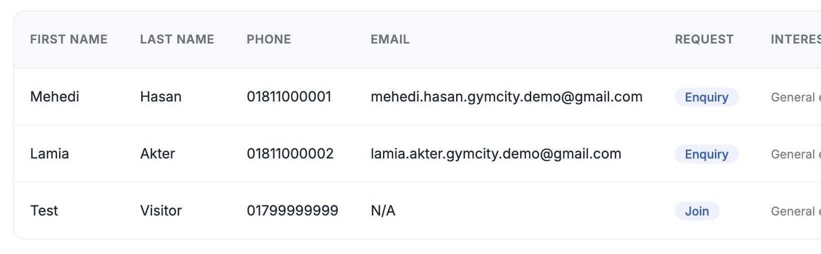 The gym's request inbox with name, phone, request type and interest