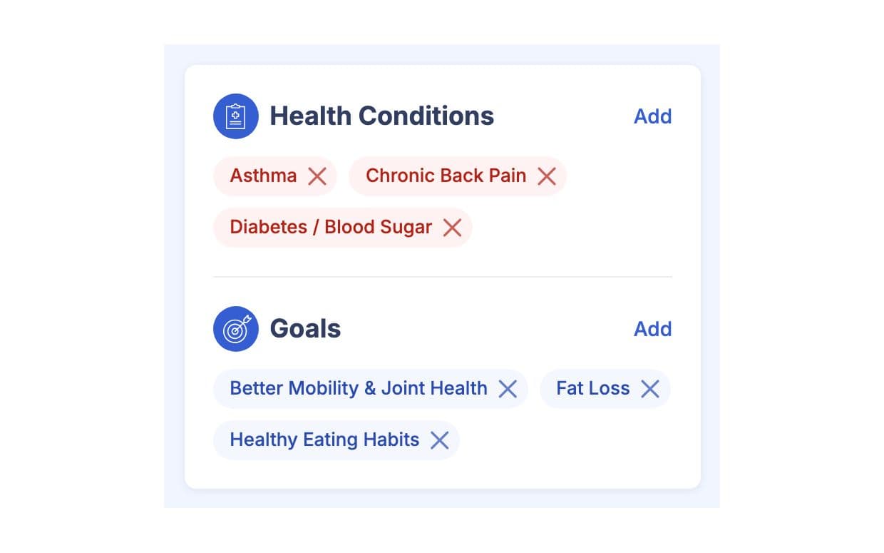 Member info with goals and health conditions on the profile overview