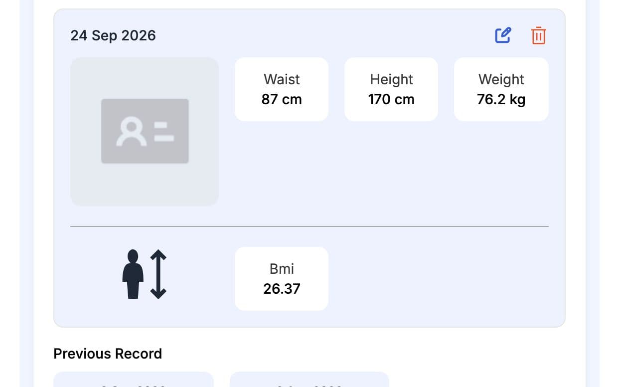 Body measurement record with waist, height, weight and BMI, and earlier records to compare