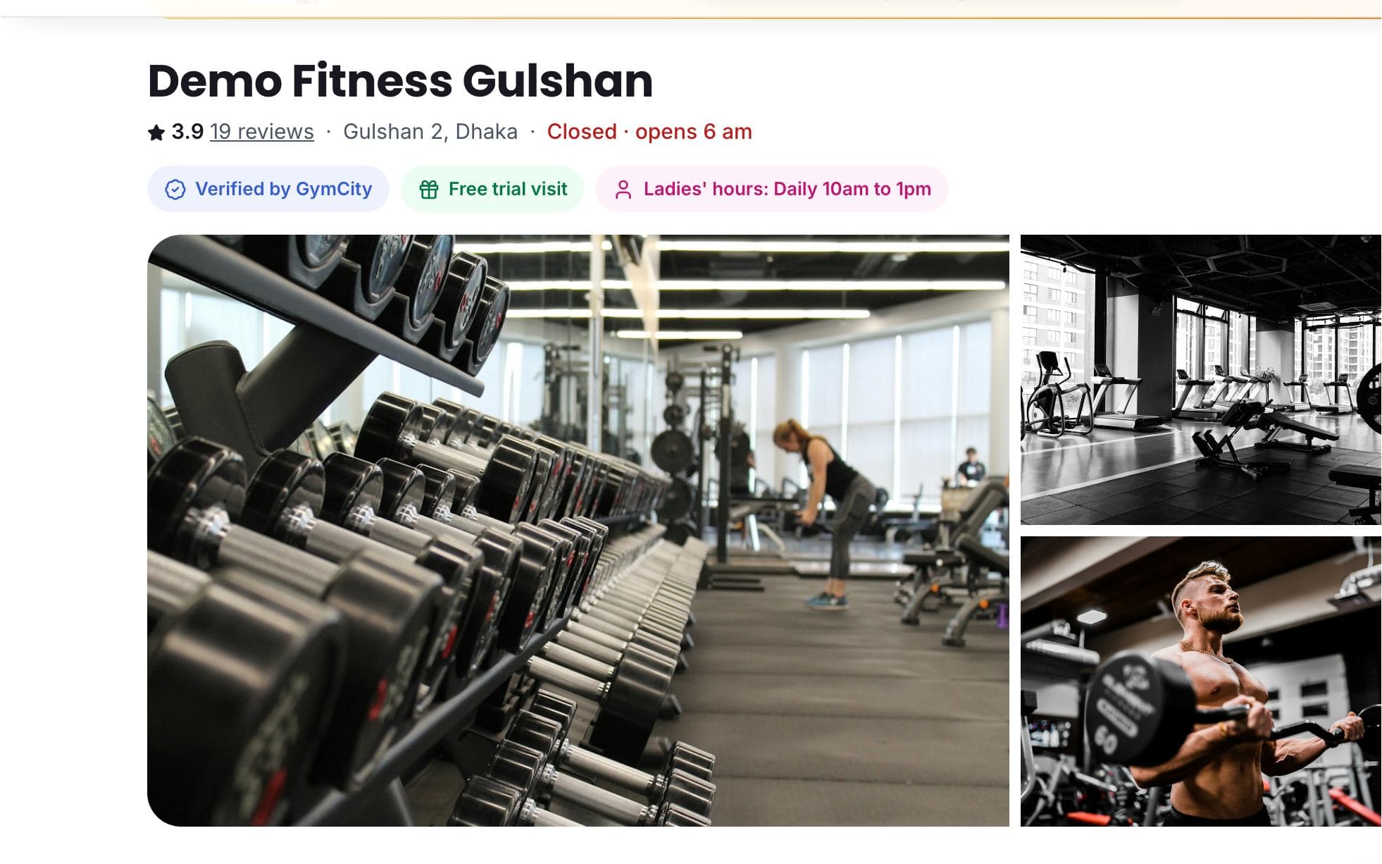 Public gym page with name, rating, opening status, verified badge, photo gallery and starting price
