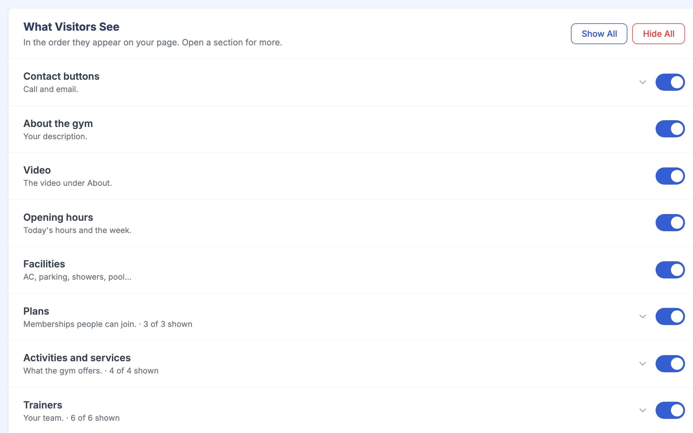 Public page settings with switches for each section visitors see