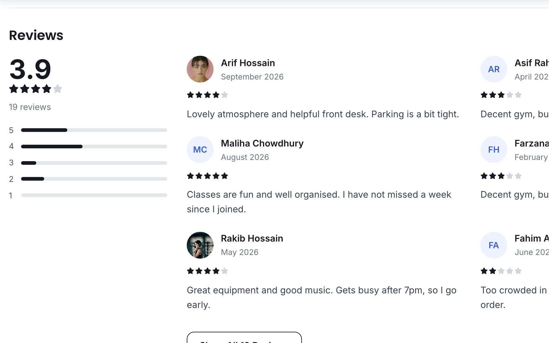 Reviews section on a public gym page with average rating and member reviews