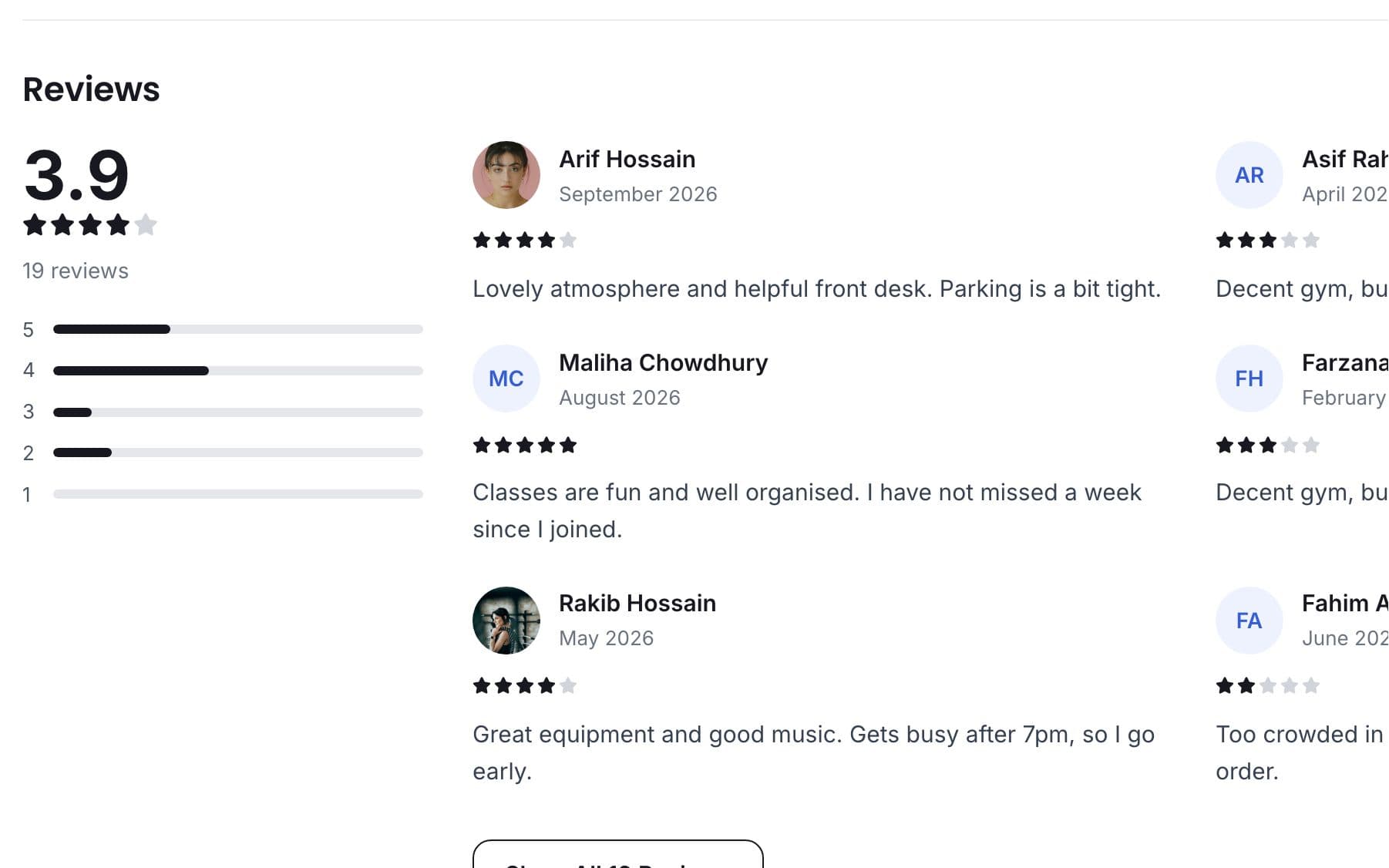 Reviews section on a public gym page with average rating and member reviews
