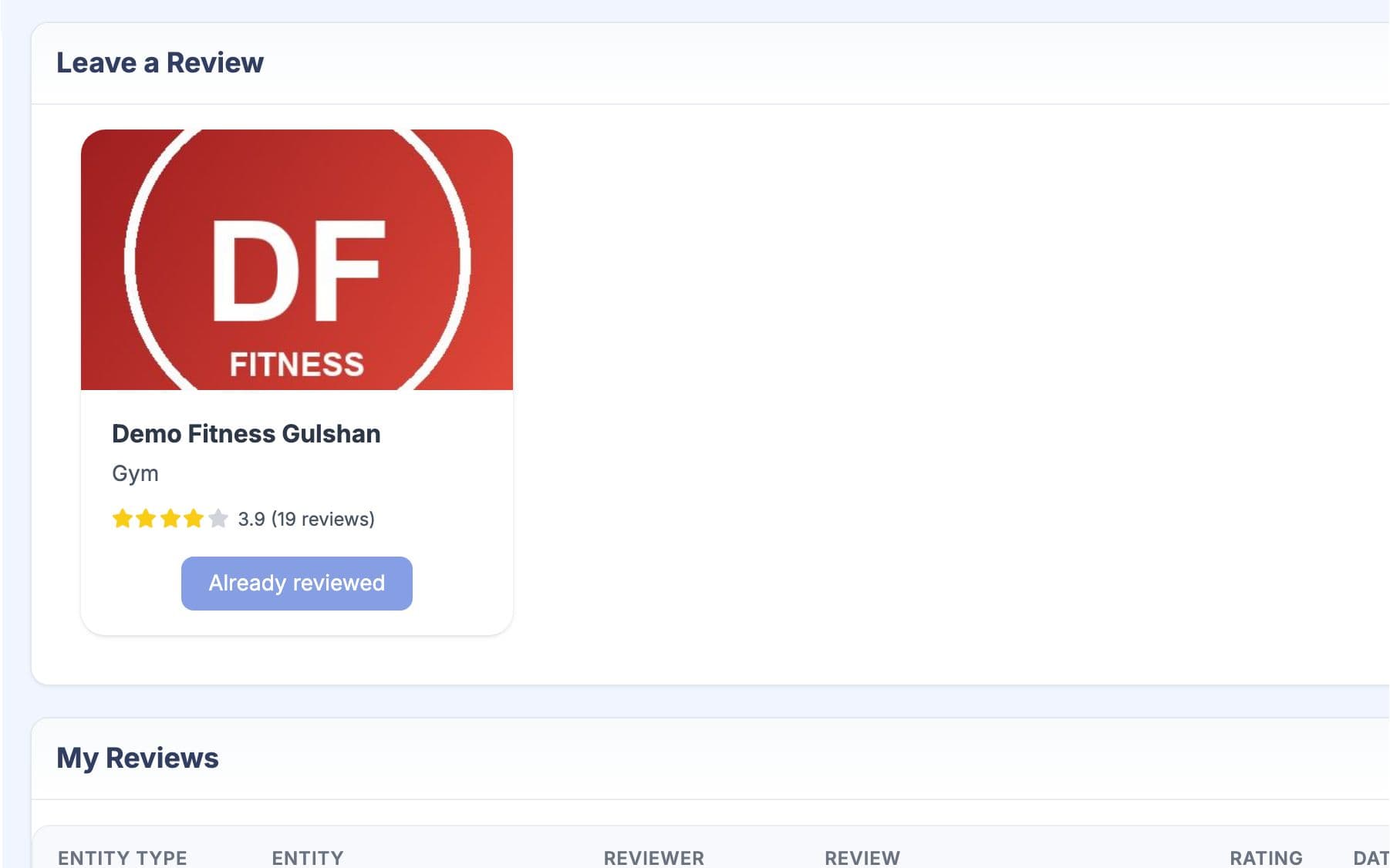 Member reviews page to rate the gym with stars and write a review