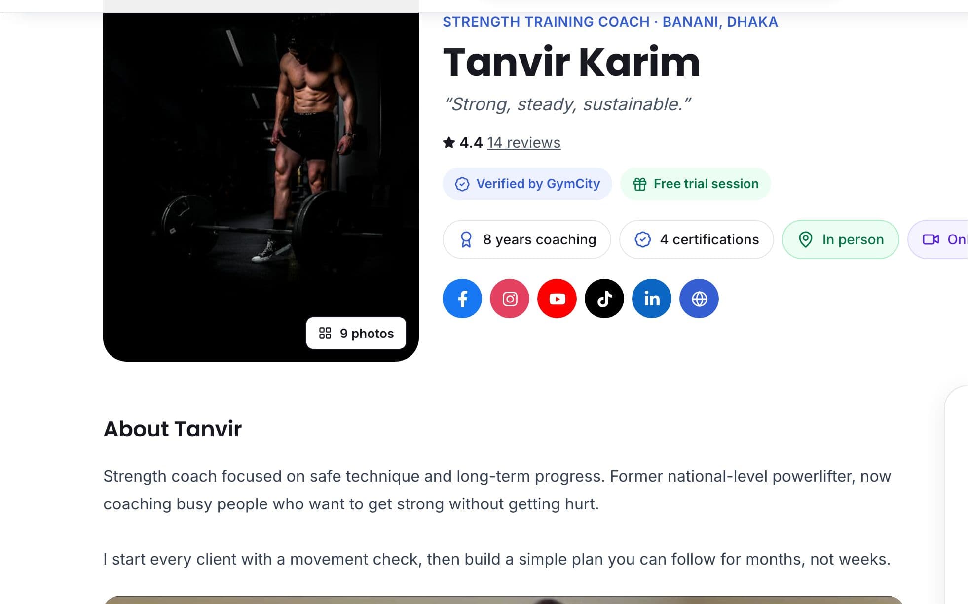 Personal trainer public page that a shared link opens, with name, rating and photos