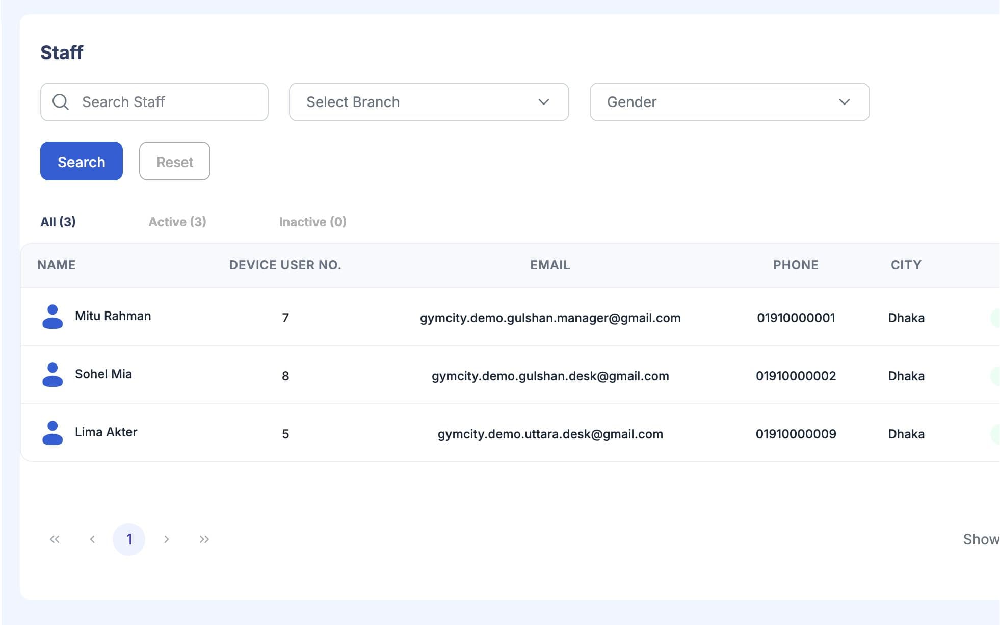 Staff list with device user number, email, phone, city and status