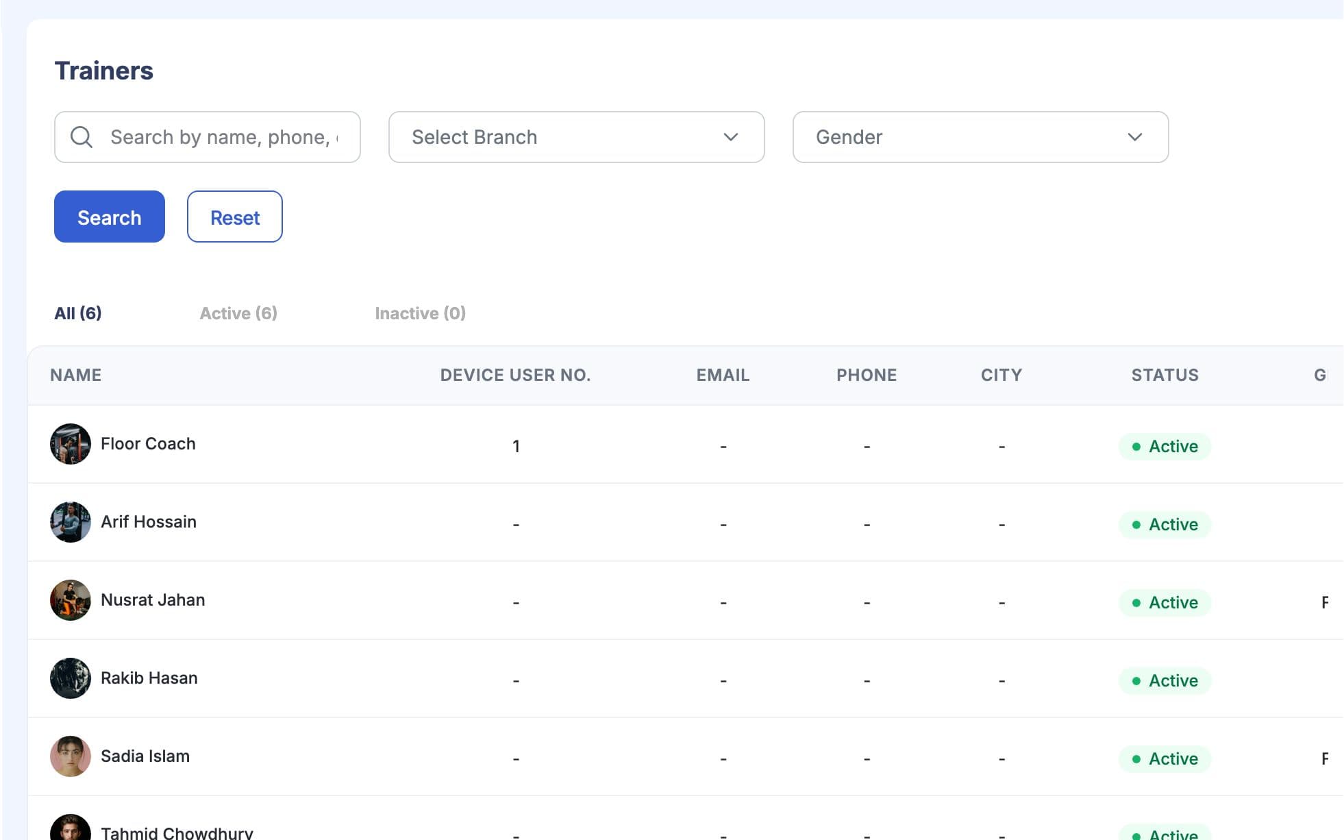 Gym trainers list with photo, name, contact and status