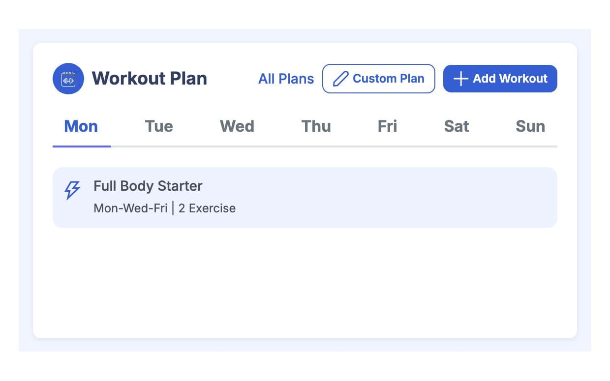 Weekly workout plan on a member's training tab with a workout for each training day