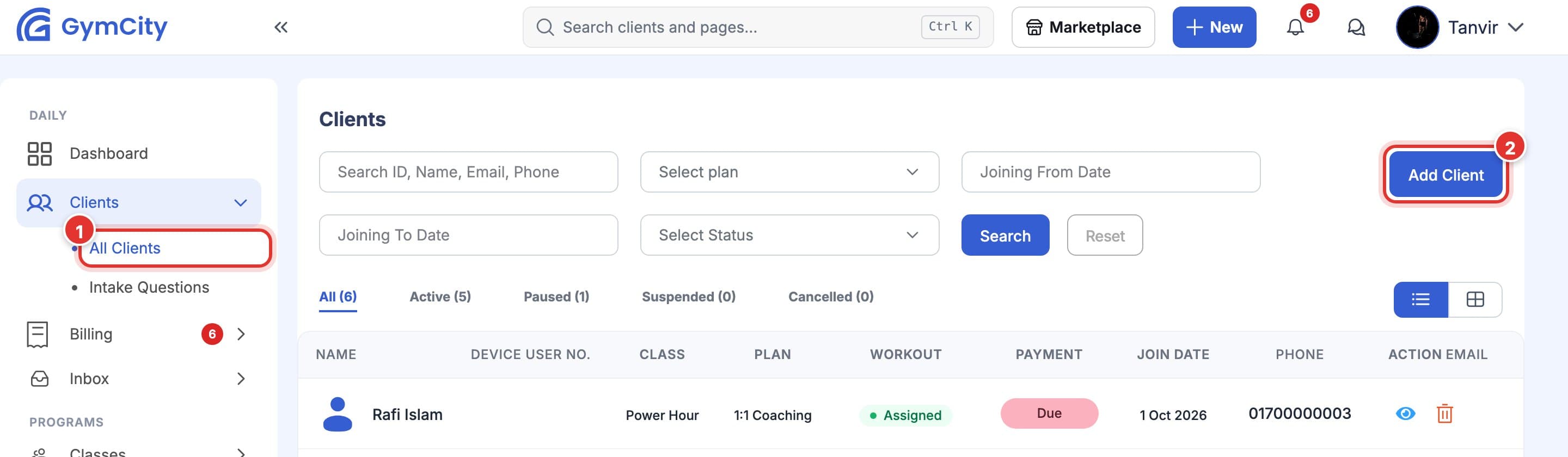 Clients page. Mark 1 is on All Clients in the left menu, mark 2 is on the Add Client button at the top right.