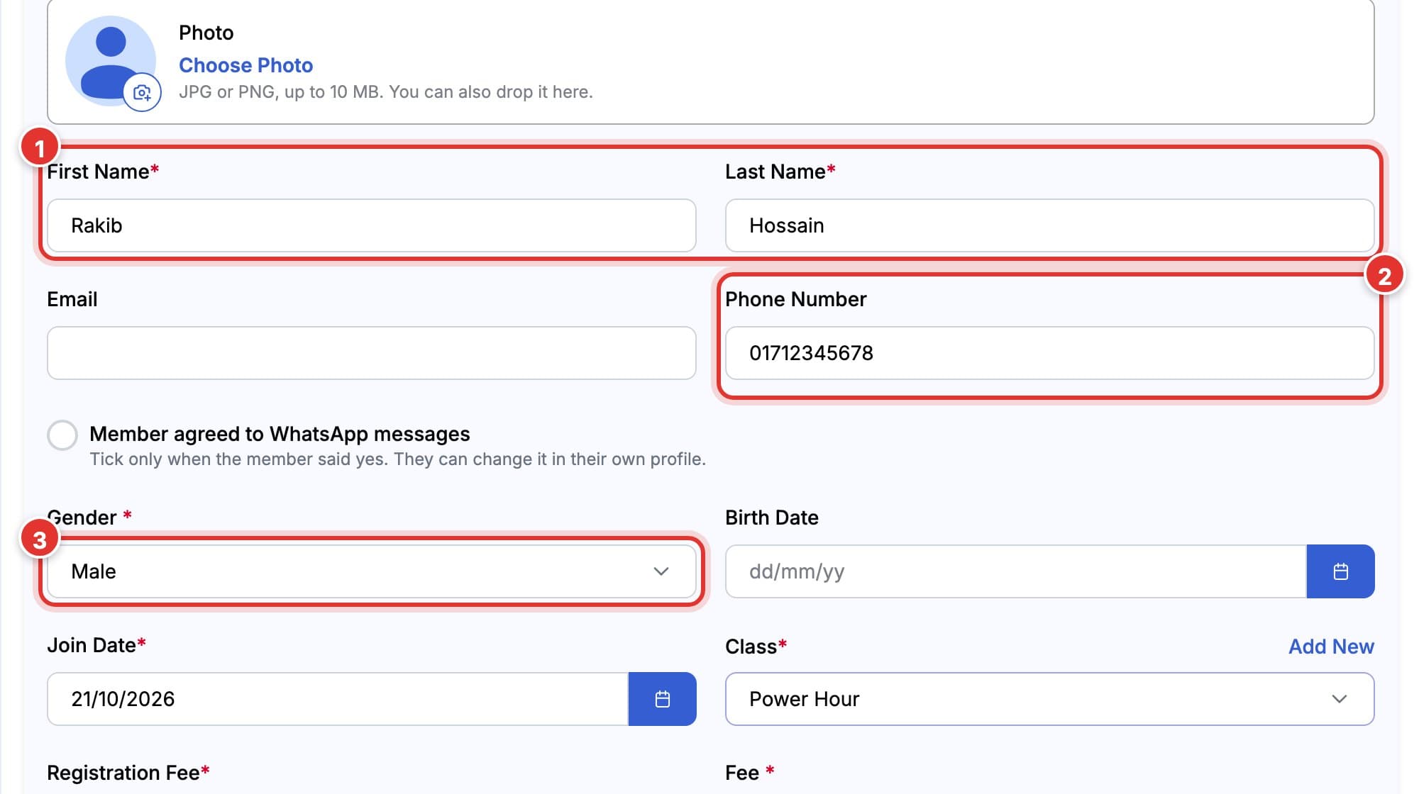 Member Details form filled in with a first and last name, phone number and gender. Marks 1 to 3 show these fields.