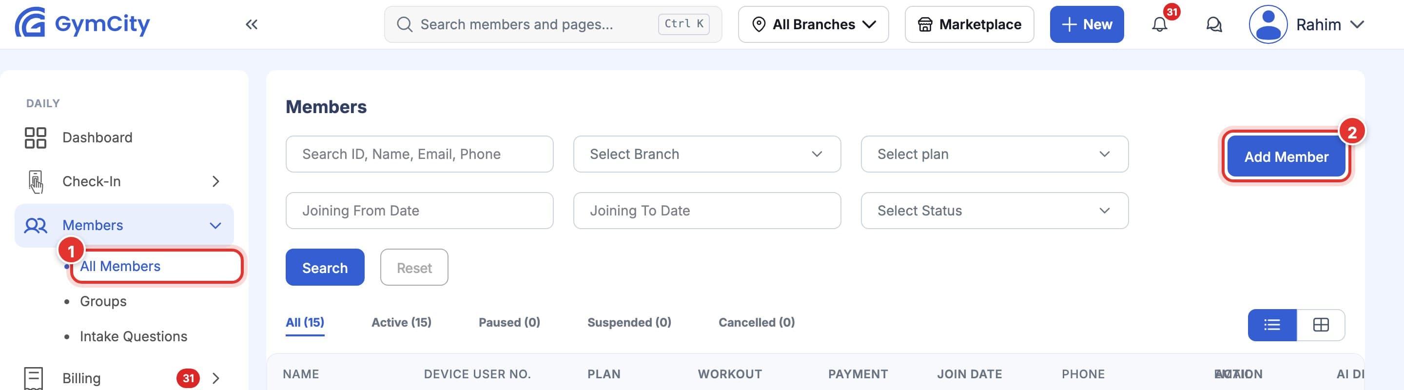 Members page. Mark 1 is on All Members in the left menu, mark 2 is on the Add Member button at the top right.