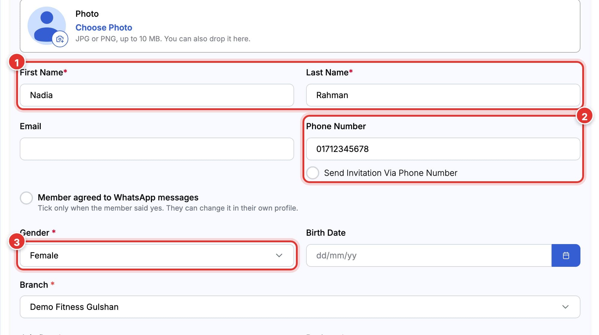 Member Details form filled in with a first and last name, phone number and gender. Marks 1 to 3 show these fields.