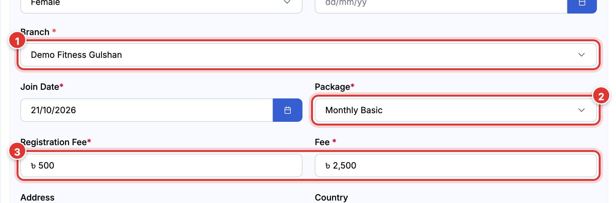 Branch and Package chosen, Registration Fee and Fee filled in from the package. Marks 1 to 3.