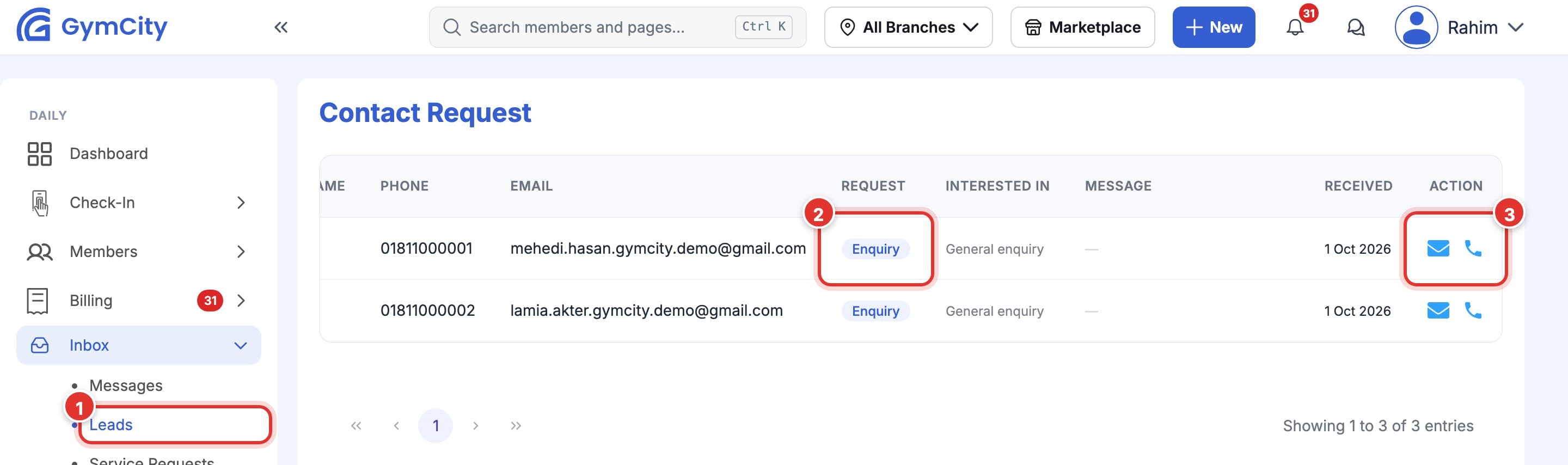 Leads page under Inbox. Mark 1 is on Leads in the left menu, mark 2 on what the person asked for, mark 3 on the Call and Send email buttons.