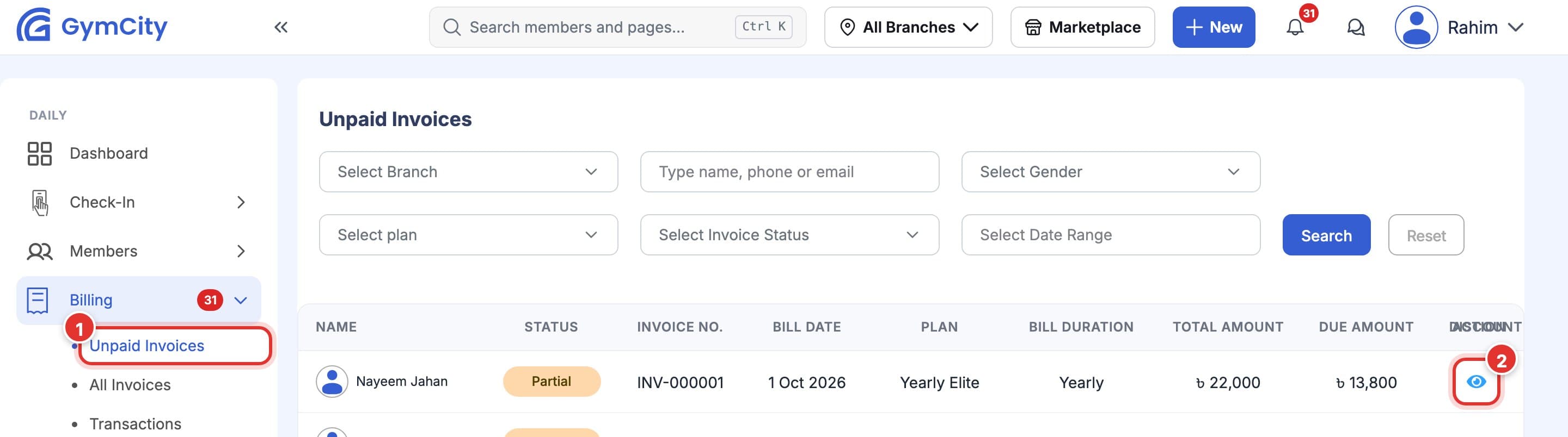 Unpaid Invoices list. Mark 1 is on Unpaid Invoices under Billing in the left menu, mark 2 is on the View Invoice button of a bill.