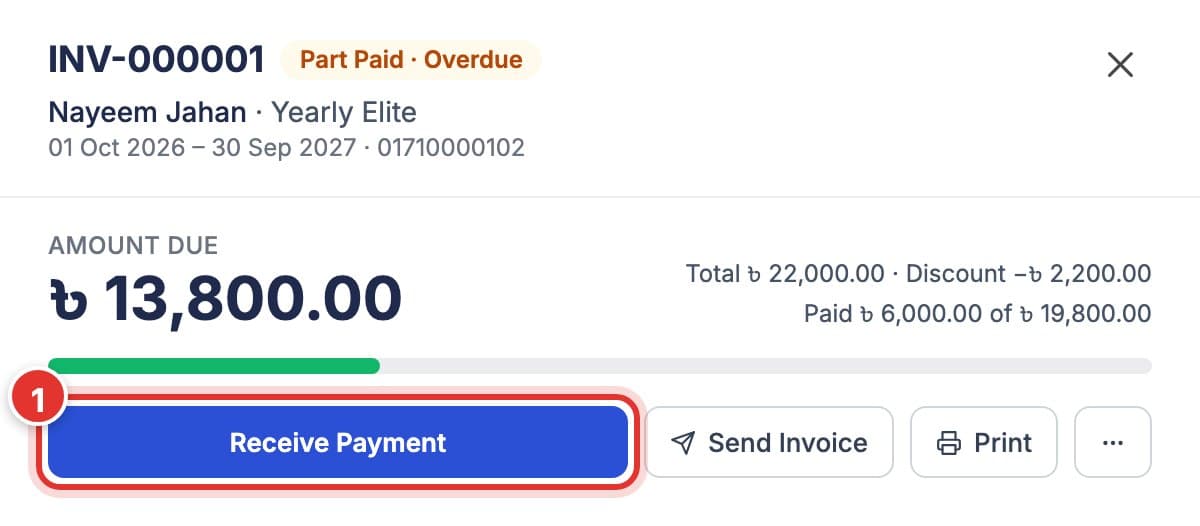 The invoice panel: what the member owes, with the Receive Payment button marked.