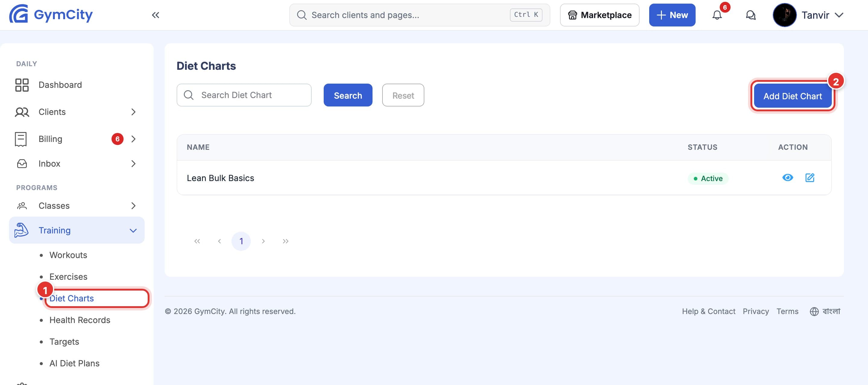 Diet Charts page. Mark 1 is on Diet Charts under Training in the left menu, mark 2 is on the Add Diet Chart button.