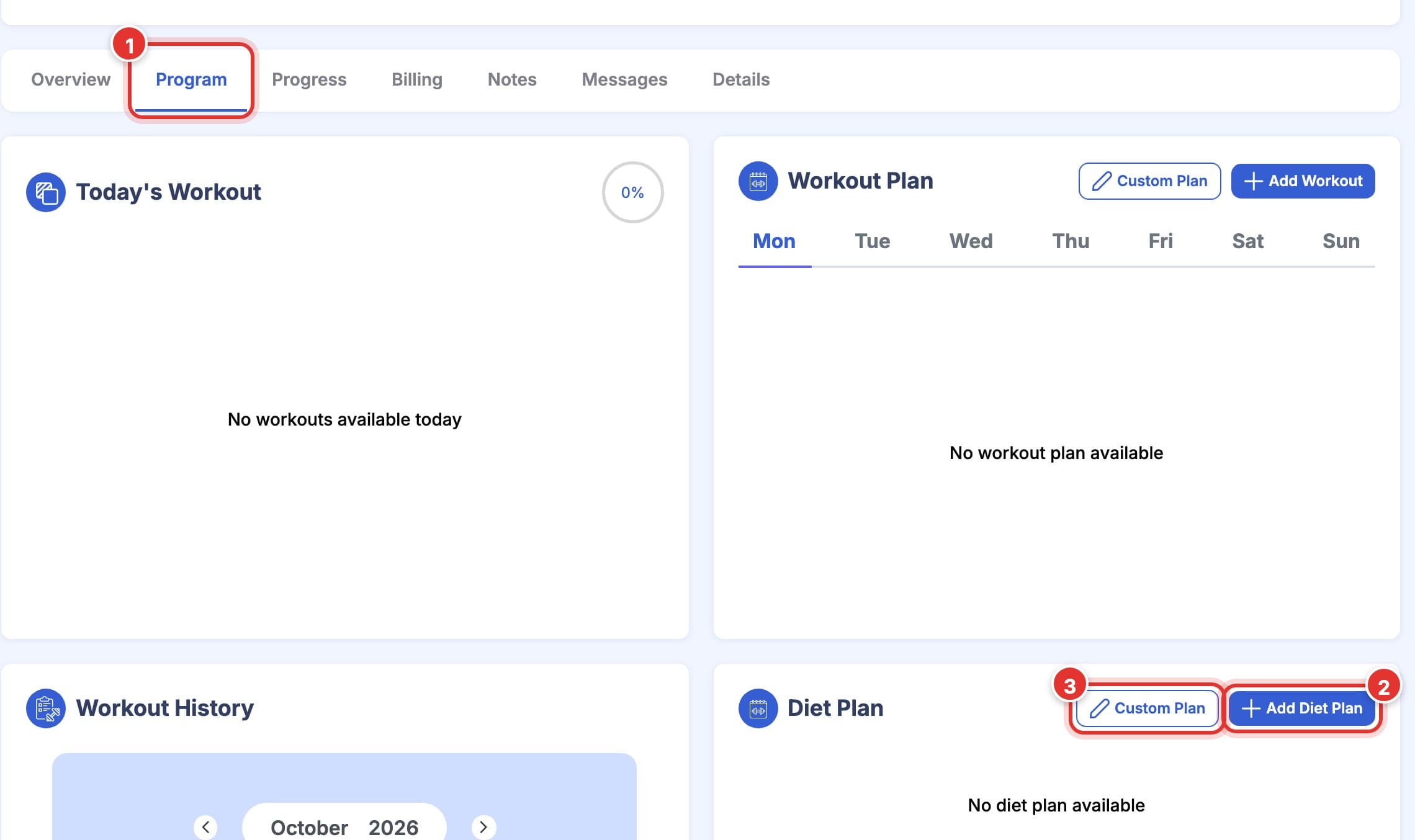 A client's page on the Program tab. Mark 1 is the Program tab, mark 2 is Add Diet Plan and mark 3 is Custom Plan on the Diet Plan card.